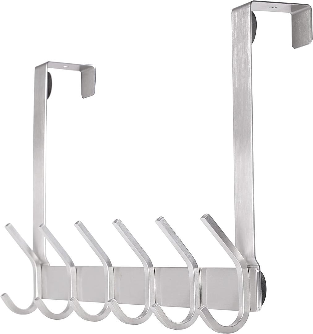 YUMORE Over The Door Hooks, SUS304 Stainless Steel Heavy Duty Door Hanger for Coats Robes Hats Clothes Towels, Hanging Towel Rack Organizer, Easy Install Space Saving Bathroom Hooks, Brushed Finish