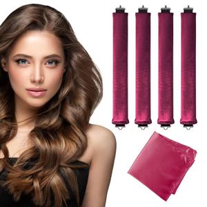 Heatless Curls Overnight Hair Curler - 4 Pcs Curling Rod to Sleep In, Velvet Hair Rollers with Satin Hair Scarf (Burgundy)