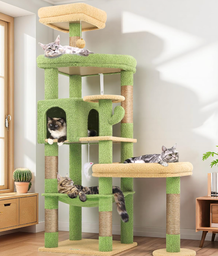 Globlazer Extra Large Platform Cactus Cat Tree, 65in Sturdy Cat Tree for Multiple Indoor Cats Large Adult, Big Cat Tower with 3 Padded Perches, 6 Scratching Posts, Spacious Condo, Hammock, S65, Green