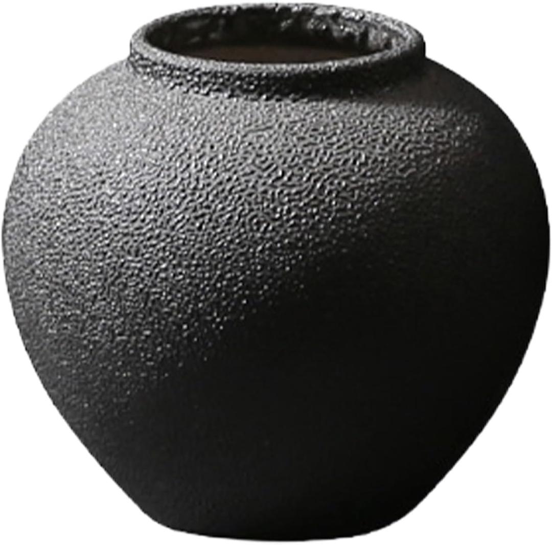Black Matte Ceramic Dried Flower Decoration Vase, Ceramic Floor Vase Large Rustic, Hand Frosted Black Clay Jar Planter for Modern Home Centerpieces Shelves Decor Living Room Floor (Size : A-8.7x8.7in