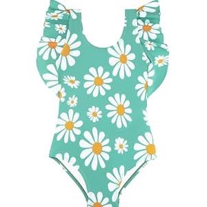 BliBliTaTa Girls One Piece Cute Swimsuit with Ruffled Straps, UPF 50+ Beach Bathing Suit for Toddler Girls, Swimwear Sunflower-6Y