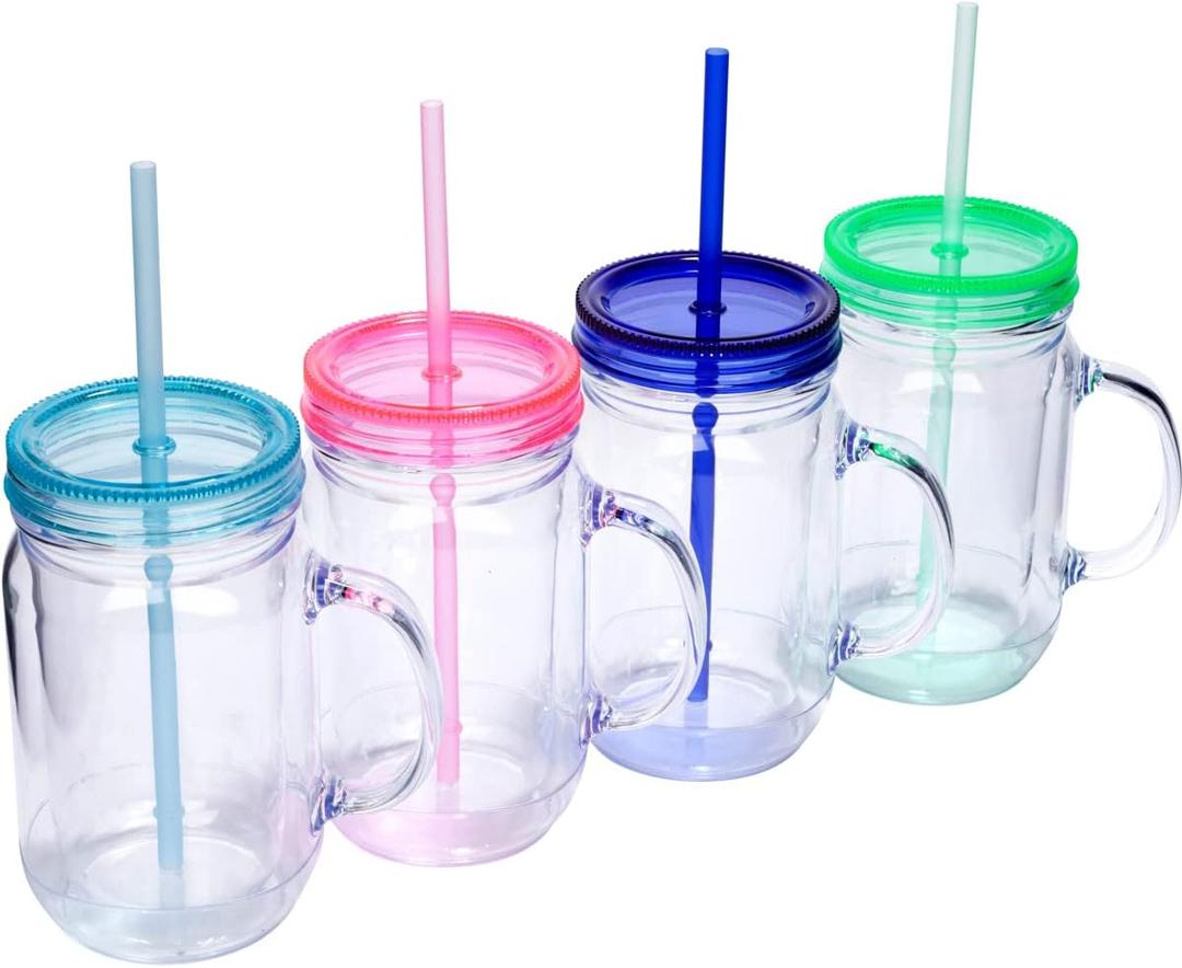 Plastic Mason Jars with Handles, Lids and Straws | 20 oz Double Insulated Tumbler with Straw | 4 Pack Set of 4 | Wide Mouth Mason Jar Mugs | Cups for Kids and Adults