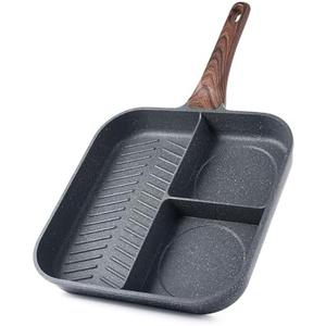 Sensarte Nonstick 11-Inch Square Grill Pan, 3-Section Versatile Breakfast Skillet, Die-cast Aluminum, PFOA, PFOS, APEO Free, Induction, Gas, Electric, Glass, Ceramic
