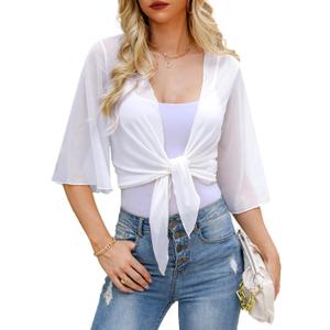 Totatuit Women's Tie Front Shrug Bell Sleeve Bolero Sheer Knotted Lightweight Cardigan Short Shawl Tops Azure Blue (White), Medium