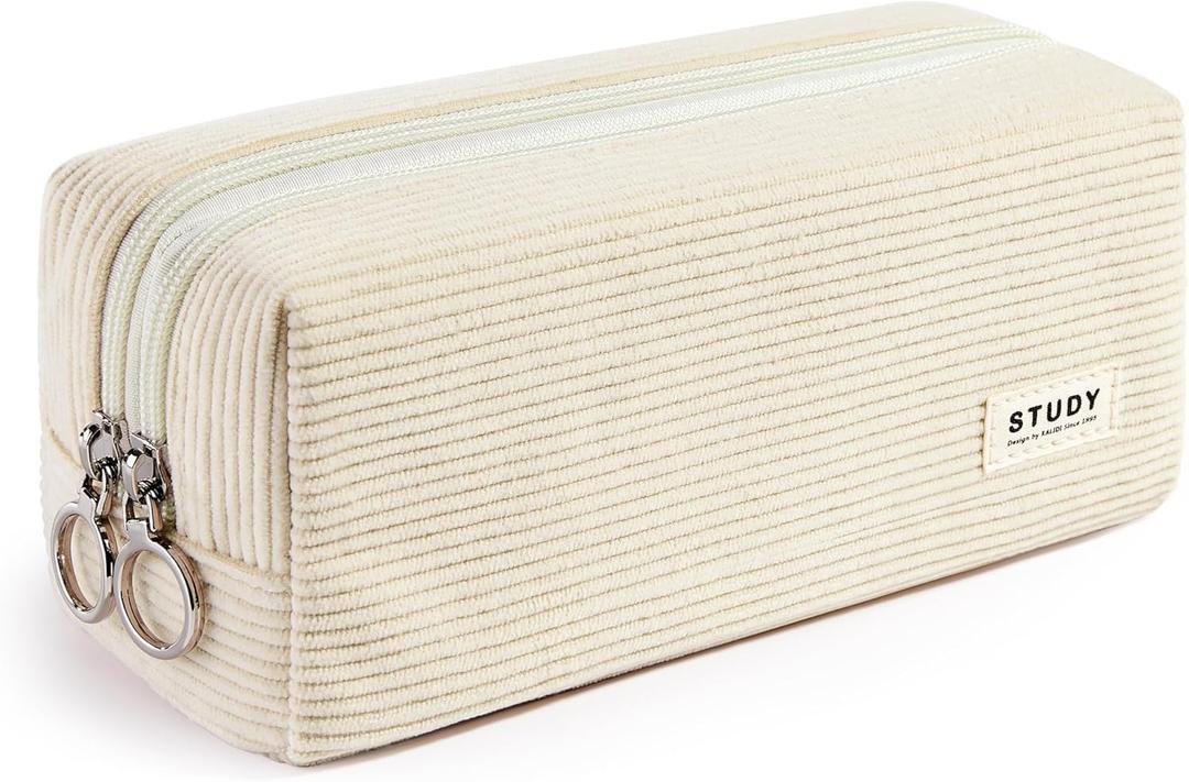 KALIDI Large Pencil Case Corduroy Pencil Pouch Box Cute School Supplies for Teen Girls Boys, Beige