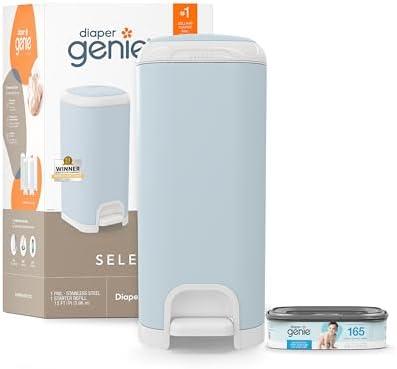 Diaper Genie Select Pail (Blue) is Made of Durable Stainless Steel and Includes 1 Starter Square Refill That can Hold up to 165 Newborn-Sized Diapers.