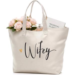 CARAKNOTS Wifey Bag Bride Gifts for Wedding Bridal Shower Honeymoon Anniversary Bachelorette Party Gifts for Bride to be Wife Canvas Beach Shoulder Tote Bag with Zip and Pocket