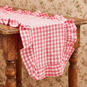 HunnmingRe 1 Pcs Pink Plaid Gingham Ruffle Table Runner 118 x 13.8'' Farmhouse Table Runner 100% Cotton Scalloped Long Dresser Scarves for Mothers Day Dining Room, Wedding, Rustic Home Decor
