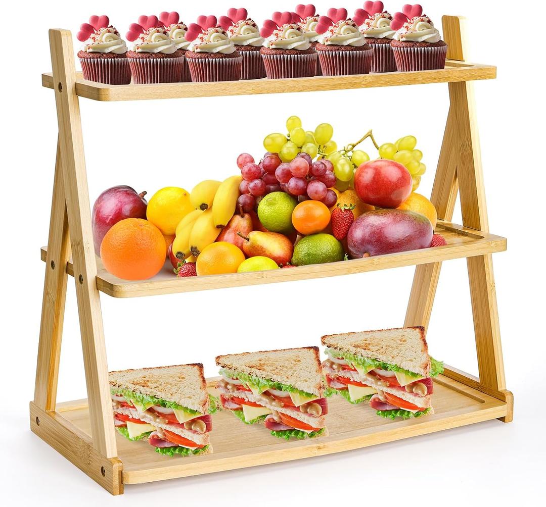 3 Tier Bamboo Serving Tray, Rectangle Serving Platters Tiered Tray Stand, Fruit Cupcake Display Stand Farmhouse Decorative Trays for Appetizers, Snacks, Dessert, Party, Birthday, Wedding