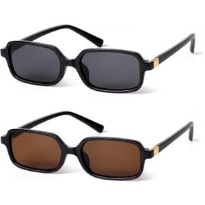 VIA LEECA Retro Rectangular Sunglasses for Women Small Vintage Fashion Cute Narrow 90s Trendy Sunnies 2025 (Black Frame Grey + Brown Lens)