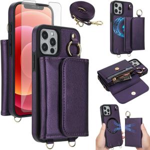 Phone Case for iPhone 12 Pro Max 6.7 Wallet Detachable Cover and Screen Protector Compatible with MagSafe Crossbody Lanyard Strap RFID Blocking Flip iPhone12promax 12pro Promax Women Men Dark Purple