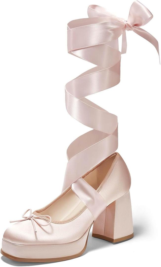 Coutgo Womens Lace Up Heels Platform Chunky High Heel Pumps Bow Closed Square Toe Party Ballet Dress Shoes (8.5, Pink)