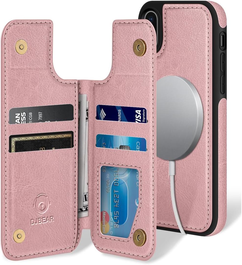 DJBEAR for iPhone X/XS 5.8" Phone case[Compatible with magsafe][RFID Blocking Leather][Magnetic 2-in-1 Detachable][Back Flip Folio Wallet Cases] Shockproof Men Women Cover for Apple X/XS Rose Gold