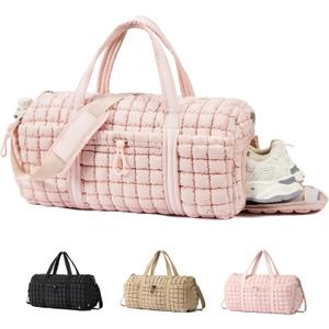 CLUCI Quilted Duffel Bag for Women, Large Puffer Duffle Weekender Bag with Shoe Compartment, Overnight Carry On Bag Workout for Airplane, Sports (Pink)