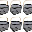 6 PCS Garden Harvest Basket, 10.2 x 10.2 x 7.1in Metal Mesh Picnic Baskets with Wooden Handle, Rectangle Hanging Basket Bin for Gathering Vegetables Fruit Cherry Tomatoes, Kitchen Cabinet (Black)