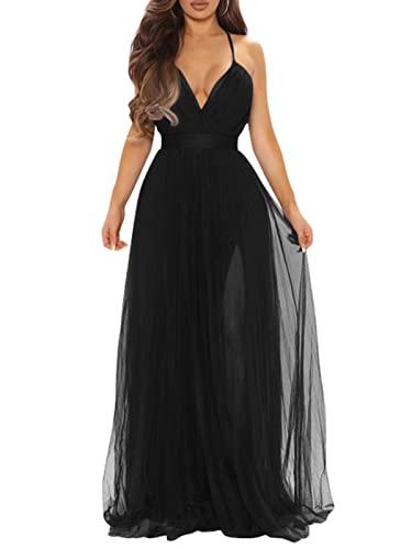 XXTAXN Women's Sexy Deep V Neck Split Cocktail Party Formal Bridesmaid Maxi Dress Black M