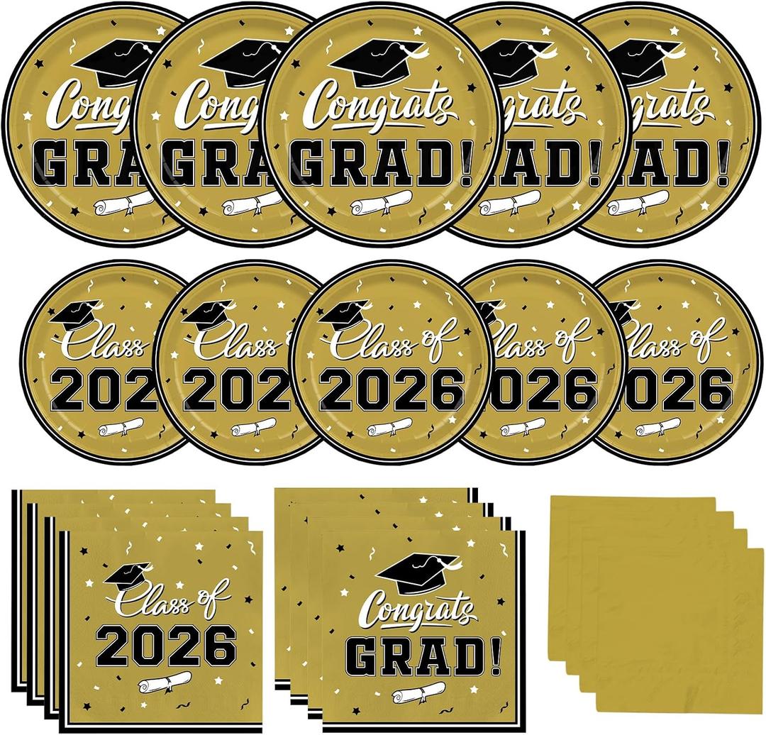 Graduation Party Plates and Napkins Gatherfun Graduation decorations 2026 Gold Disposable Paper Plates Luncheon Napkins Cocktail Napkins for Congrats Grad Party Decorations, Serve 50