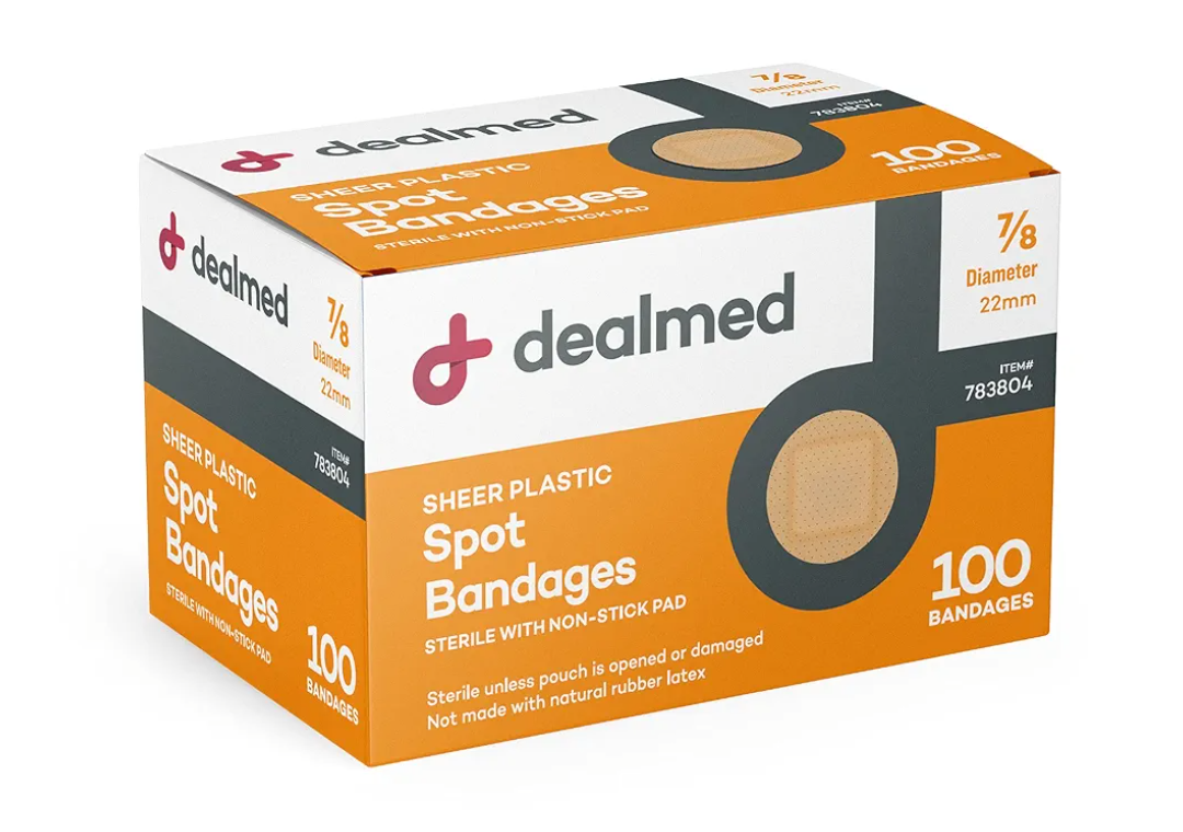 Dealmed Sheer Plastic Spot Bandages – 7/8” Small Round Sterile Strips, Adhesive Outer with Non-Stick Pad, Latex Free, Wound Care for First Aid Kit, 100 per Box (1 Pack)