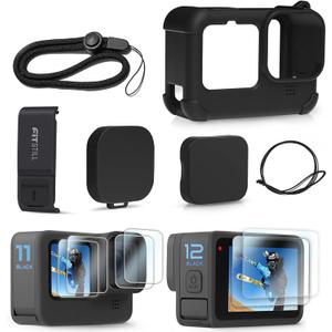 FitStill Silicone Sleeve Protective Case for Go Pro Hero 12/Hero 11/Hero 10 /Hero 9 Black, Battery Side Cover & Lens Caps & Screen Protectors & Lanyard for Hero12/11/10/9 Accessories Kit