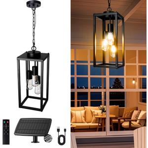 TWINKVILLA Solar Chandelier Outdoor, 3-Light 14" Rustic Farmhouse Waterproof Dimmable Hanging Pendant Lights for Gazebo, Pergola, Canopy, Porch, Patio Decor