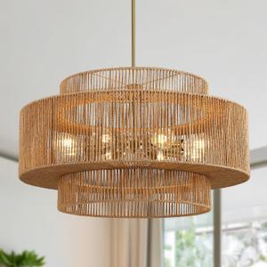 30Large Rattan Chandelier Vintage 8-Light Farmhouse Hand-Woven Boho Bamboo Chandelier Light Fixture Retro 3-Tier Drum Wicker Gold Chandeliers for Dining Room, Kitchen Island, Living Room, Bedroom