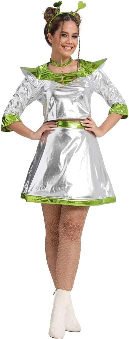 Alien Costume Women, Metallic Robot Dress Space Outfit Headband Necklace Halloween Cosplay for Girls-Silver Green (Medium)