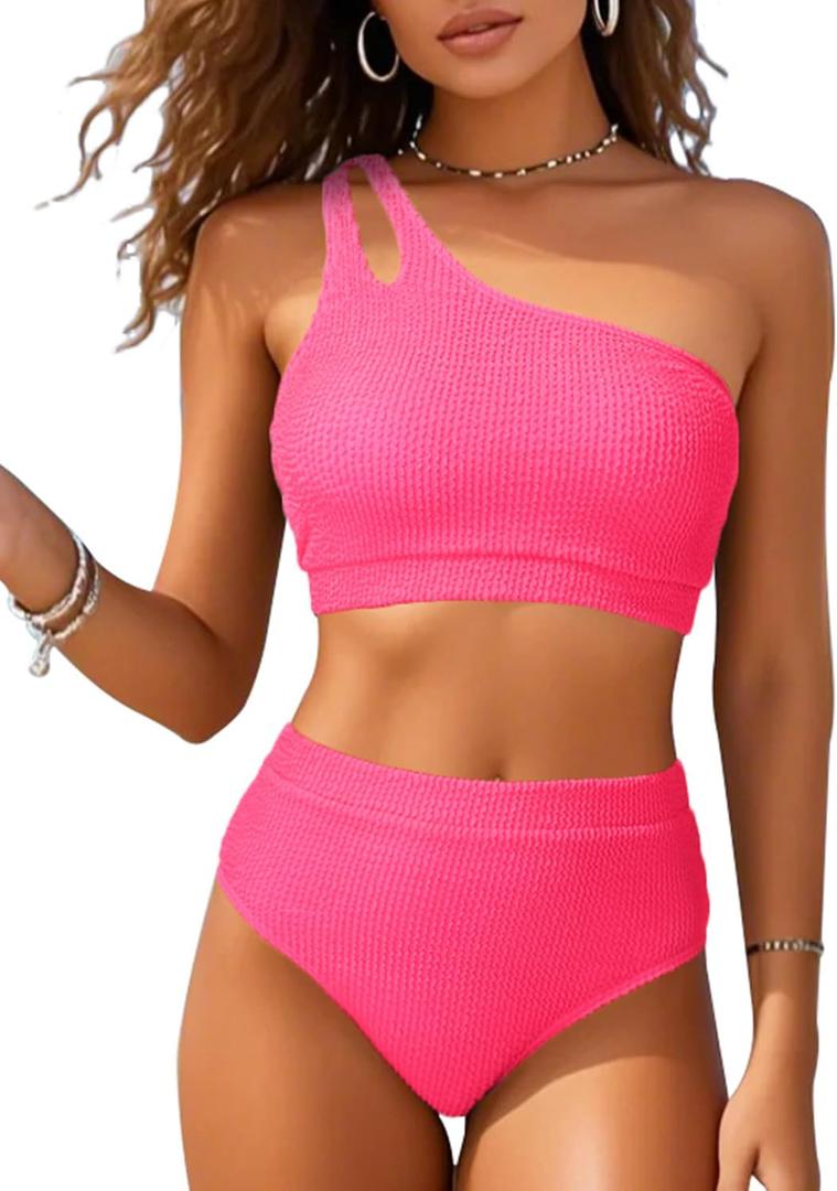 High Waisted Ribbed Bikini Swimsuit - Women Two Piece Bathing Suit One Shoulder Swimwear 2025, Small, Pink 