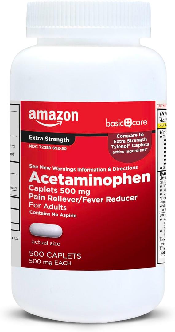 Amazon Basic Care Extra Strength Pain Relief, Acetaminophen Caplets, 500 mg, Pain Reliever/Fever Reducer, 500 Count (Packaging may vary), 10/2024