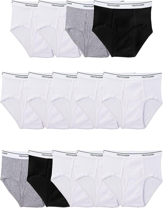Fruit of the Loom Big Tag Free Cotton Briefs (Assorted Colors), Boys – 14 Pack – Black/ White/ Grey S