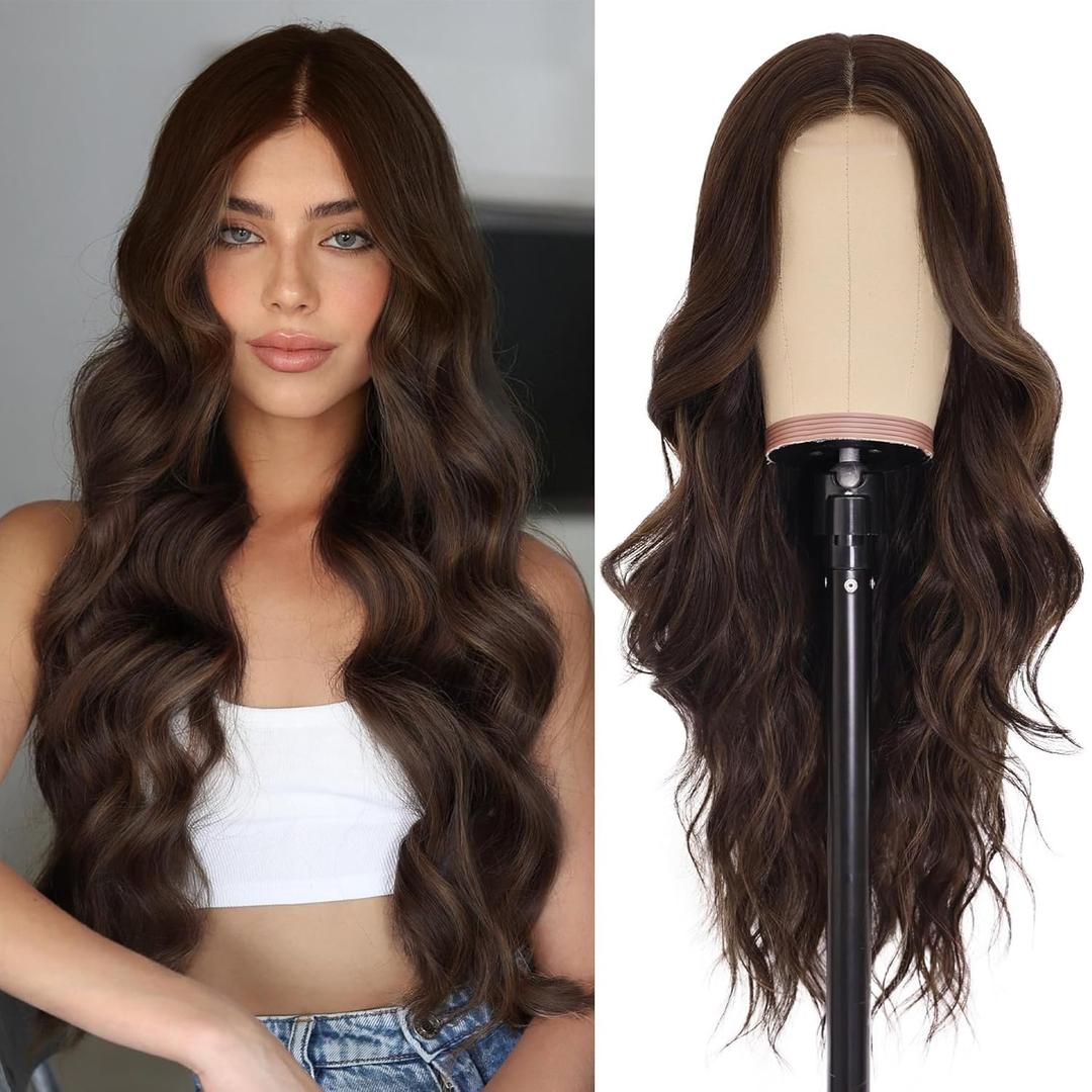 NAYOO Long Brown Wavy Wig for Women 26 Inch Middle Part Curly Wavy Wig Natural Looking Synthetic Heat Resistant Fiber for Daily Party (Brown with Highlights) NAYOO Long Brown Wavy Wig for Women 26 Inch Middle Part Curly Wavy Wig Natural Looking Synthetic Heat Resistant Fiber for Daily Party (Brown with Highlights)