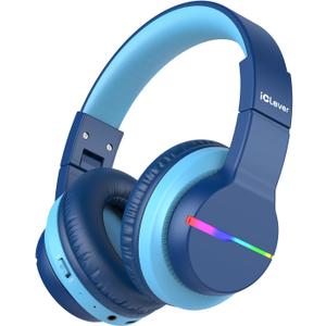 iClever BTH12 Kids Bluetooth Headphones, Colorful LED Lights Kids Headphones Wireless, 74/ 85dBA Safe Volume, 85H Playtime, Fast Charging, Bluetooth 5.2, Over Ear, Built-in Mic for iPad/ Tablet/ Airplane, Blue