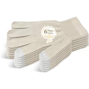 Evridwear Unisex Moisturizing Cotton Gloves with Touchscreen Fingertips for Eczema Beauty Cosmetic Dry Hands Sensitive Irritated Skin Therapy Overnight Bedtime, 6 Pairs, Lightweight-Beige, S/M