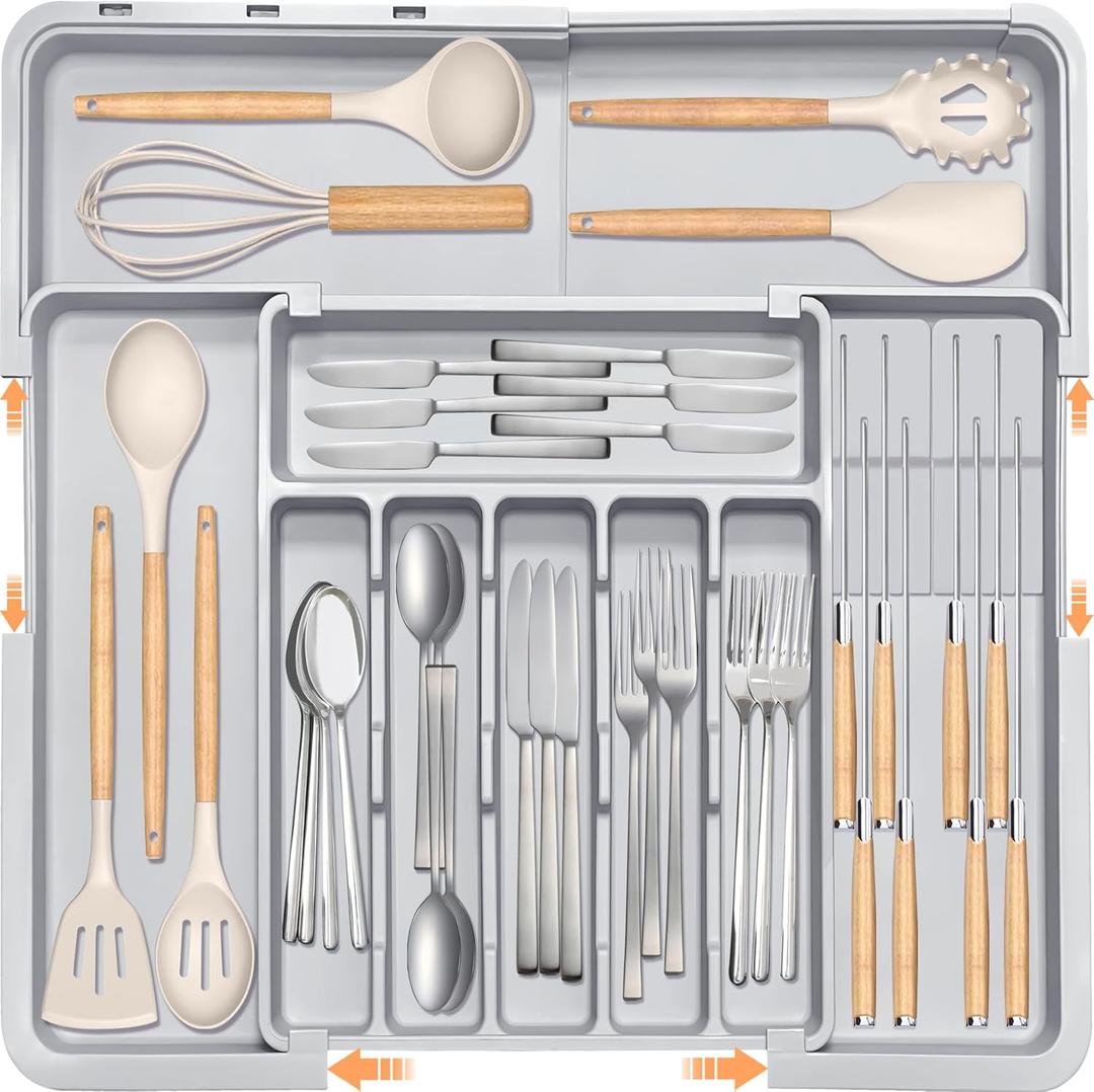 Silverware Drawer Organizer for Kitchen, Adjustable Utensil Drawer Organizer with 2 Knife Block, BPA Free Flatware and Cutlery Holder, Expandable Plastic Storage for Spoons Forks Knives(Grey)