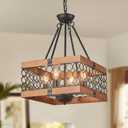 4-Light Wood Rustic Chandelier for Entryway 16.92'' Square Chandeliers for Living Room Hanging Ceiling Light Fixture Farmhouse Pendant Lighting for Kitchen Black and Woodgrain Finish, Square 16.14 In 1 Pack