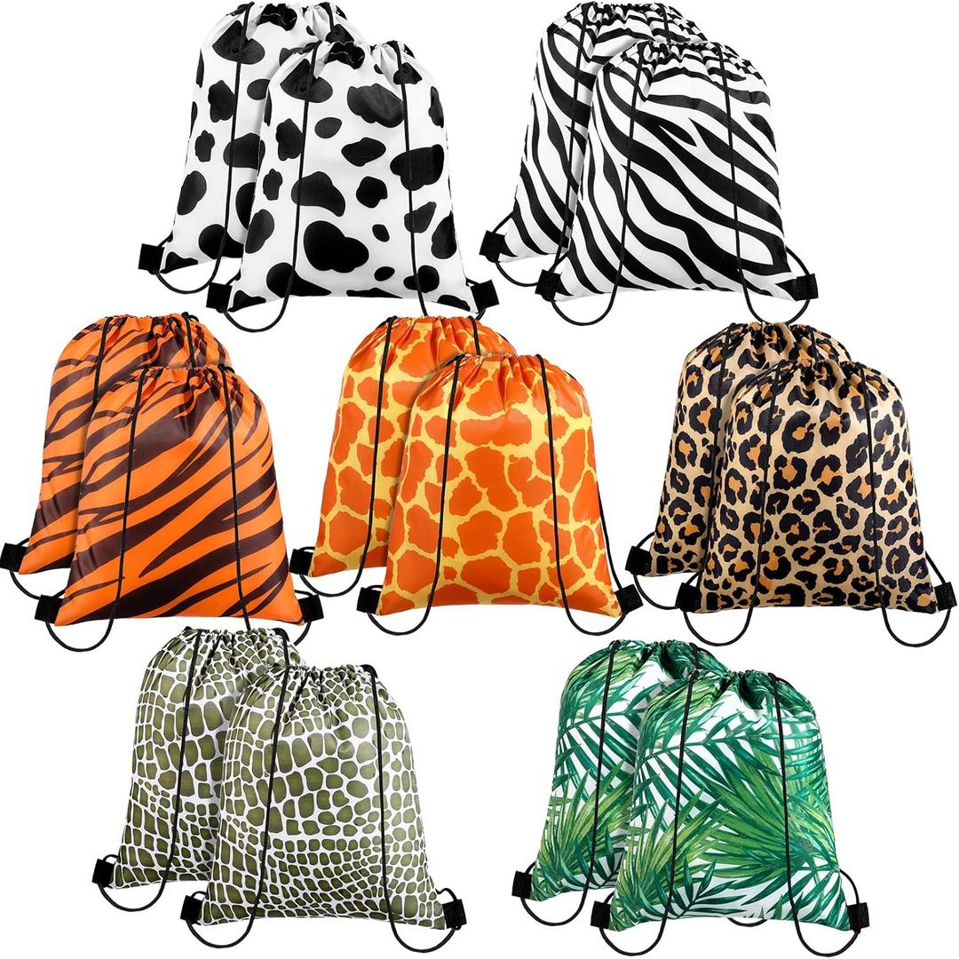 Saintrygo 14 Pcs Animal Print Drawstring Bags Treat Goodie Gift Bags Safari Jungle Party Favors for Zoo Birthday Baby Shower Party Decorations, 10 x 12 Inch
