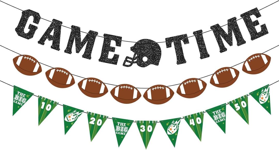 Pre-Strung Football Banner Garland - NO DIY Glitter Game Time Birthday Banner Garland Triangle Flags Banners for Football Party Decorations Indoor and Outdoor