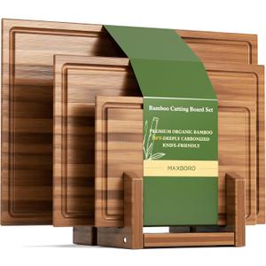 Bamboo Cutting Board Set with Stand, 3PCS Double-Sided Chopping Boards for Kitchen Meal Prep & Serving, Charcuterie, Juice Grooves & Side Handle, Ideal for Meat, Vegetables, Kitchen Essentials