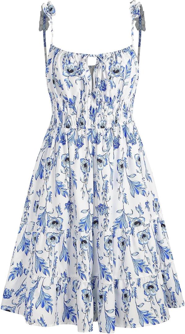 ZAFUL Womens Summer Spaghetti Strap Mini Dress Square Neck Sleeveless Smocked Waist Tiered Flowy Sundresses (Blue, M)