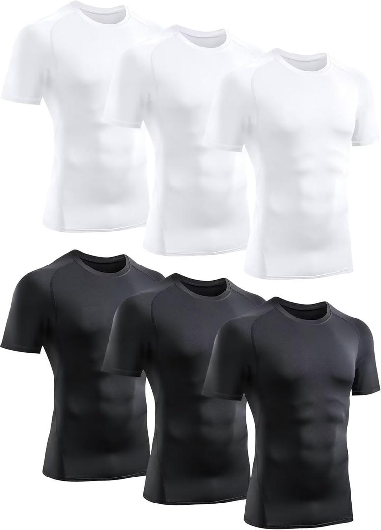 TELALEO 6 Pack Men's Compression Shirt Short Sleeve Athletic Baselayer Sports T Shirts Workout Tops for Men Black White (XX-Large)