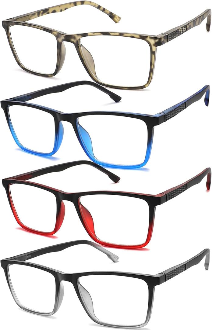 1.75 Reading Glasses for Men Blue Light Blocking 4 Pack, Wide Computer Readers for Men with Spring Hinge Reduce Eyestrain/UV/Dryness, Square Large Trendy Eyeglasses 1.75+ (4 Mixed Colors)