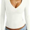 EasyGala Womens Deep V Neck Long Sleeve Shirts Sexy Slim Fit Tops Basic Tees Spring Outfits Fashion Clothes 2026 White S