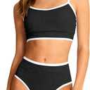Girls Swimsuit Two Piece Scoop Neck Solid Color Bikini Set Adjustable Strap High Waist Bathing Suit for Girls 9-10Y (Black)