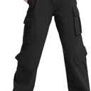 EXARUS Girls Jeans Cargo Denim Teen Hiking Pants Wide Leg Straight Baggy Elastic High Waistband Pockets Kids 8-14 Years (Black)