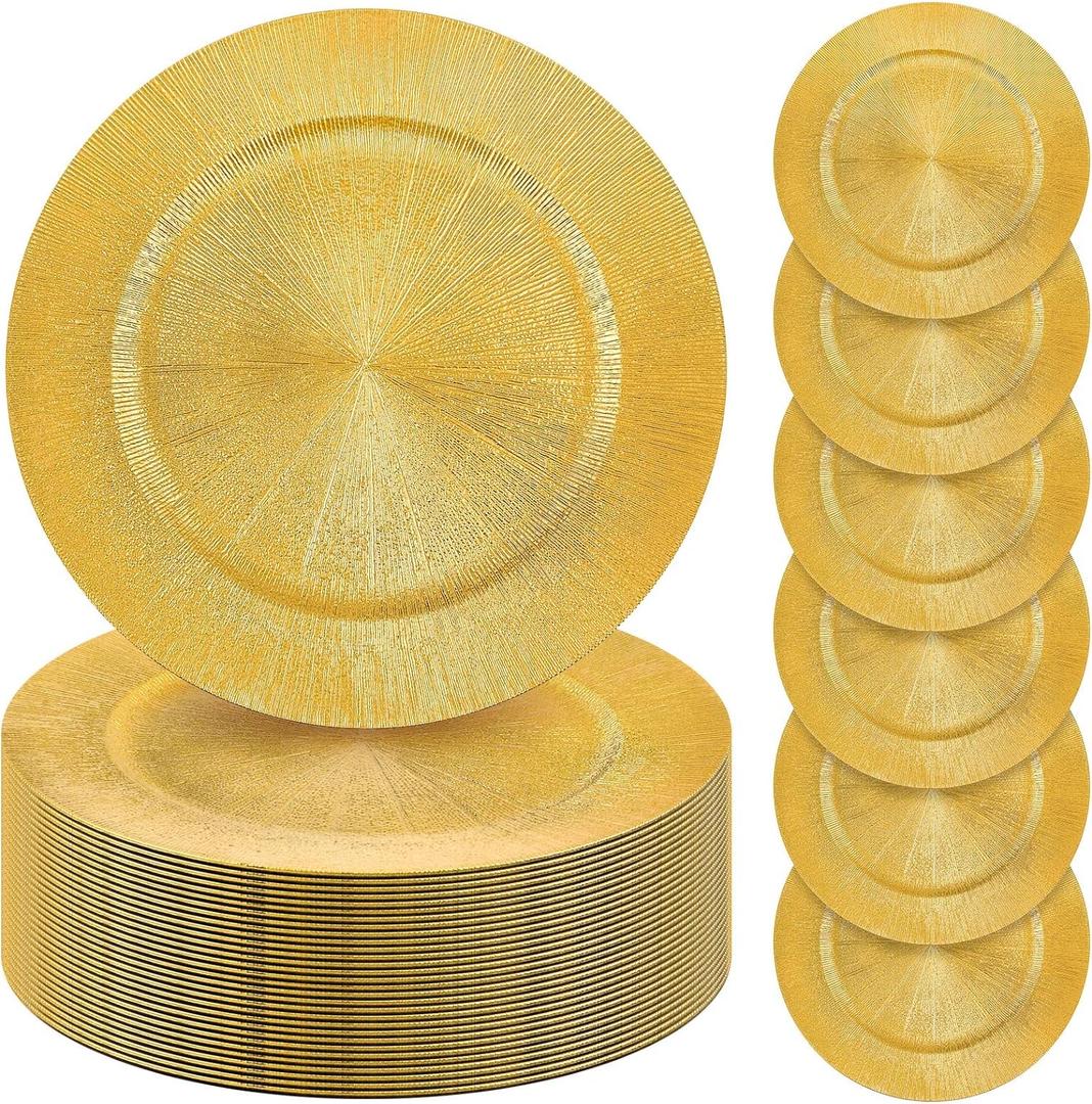 Tanlade 100 Pcs Charger Plates Bulk, 13 Inch Round Charger Plates Plastic Wedding Dinner Elegant Reusable for Table Setting Wedding Party Event Tabletop Setting Decor (Glitter Gold)