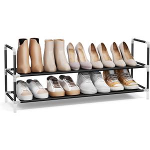 SONGMICS 2-Tier Shoe Rack, Shoe Storage for Hallway Closet, Slim and Space-Saving, Metal Frame, Non-Woven Fabric Shelves, Black ULSH052B01