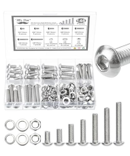 Mr. Pen- Nuts and Bolts Assortment Kit, 146 pcs, Stainless Steel, M6 Screws (7 Sizes 6-30mm)Button Head Socket Cap Screws Assorted Nuts and Bolts Nut Bolt and Washer Assortment Bolt and Nut Assortment