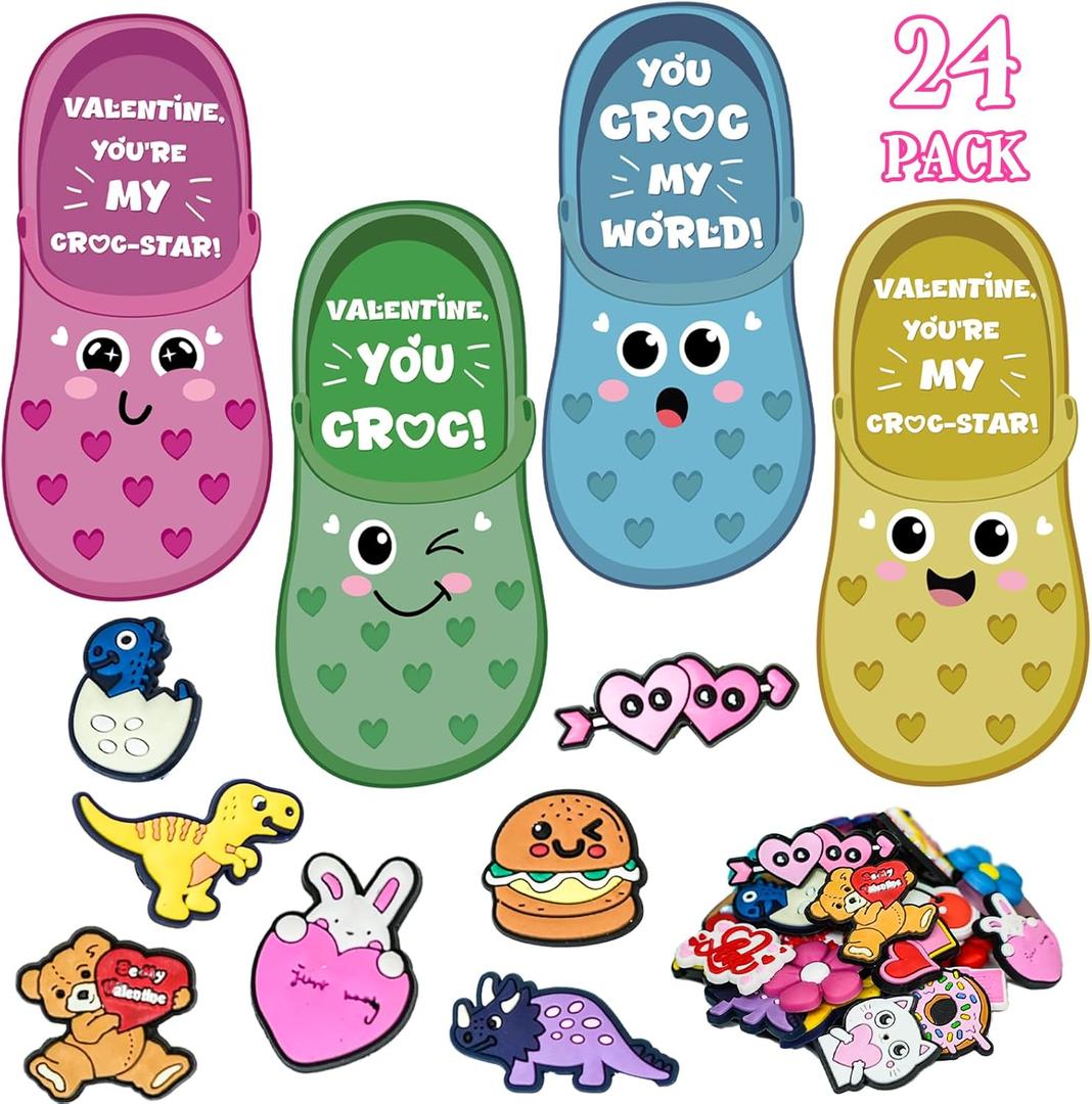 Valentines Day Gifts for Kids - 24 Valentine Cards with 48 Shoe Charms Bulk - Valentine Exchange Card for Boys Girls Toddler Class Classroom Gift Funny Party Favors