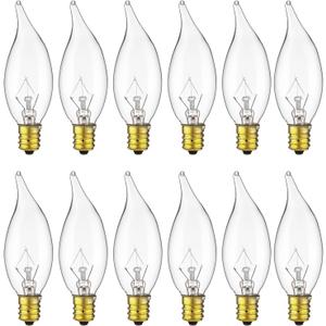 Sunlite 40009 Incandescent Petite Clear Chandelier Light Bulb, 15 Watts, 105 Lumens, Candelabra E12 Base, Flame Tip, 2600K Warm White, 12-Pack