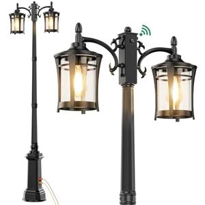 Lamomo Outdoor Lamp Post Lights with GFCI Outlet, New Dusk to Dawn Lamp Posts Outdoor Lighting, Waterproof Double-Head Light Fixture Outside, Aluminum Pole Scone for Street Garden Patio Pathway Black