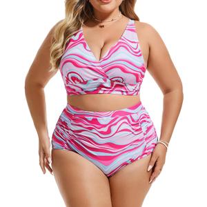 Women's Plus Size Halter V Neck Bikini Swimsuits High Waisted Ruched Tummy Control Swimwear 4XL